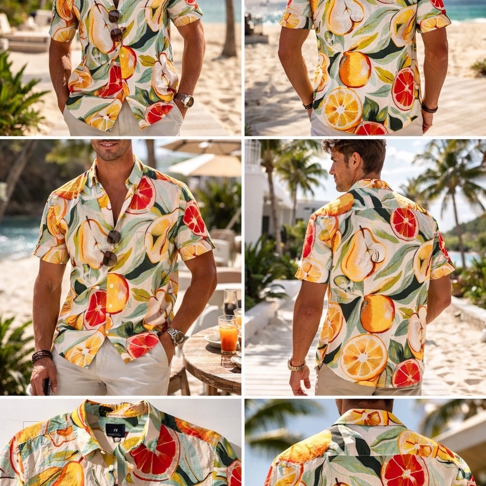 H&M Tropical‎ Fruit Print Button-Up Shirt – Size L | 100% Cotton